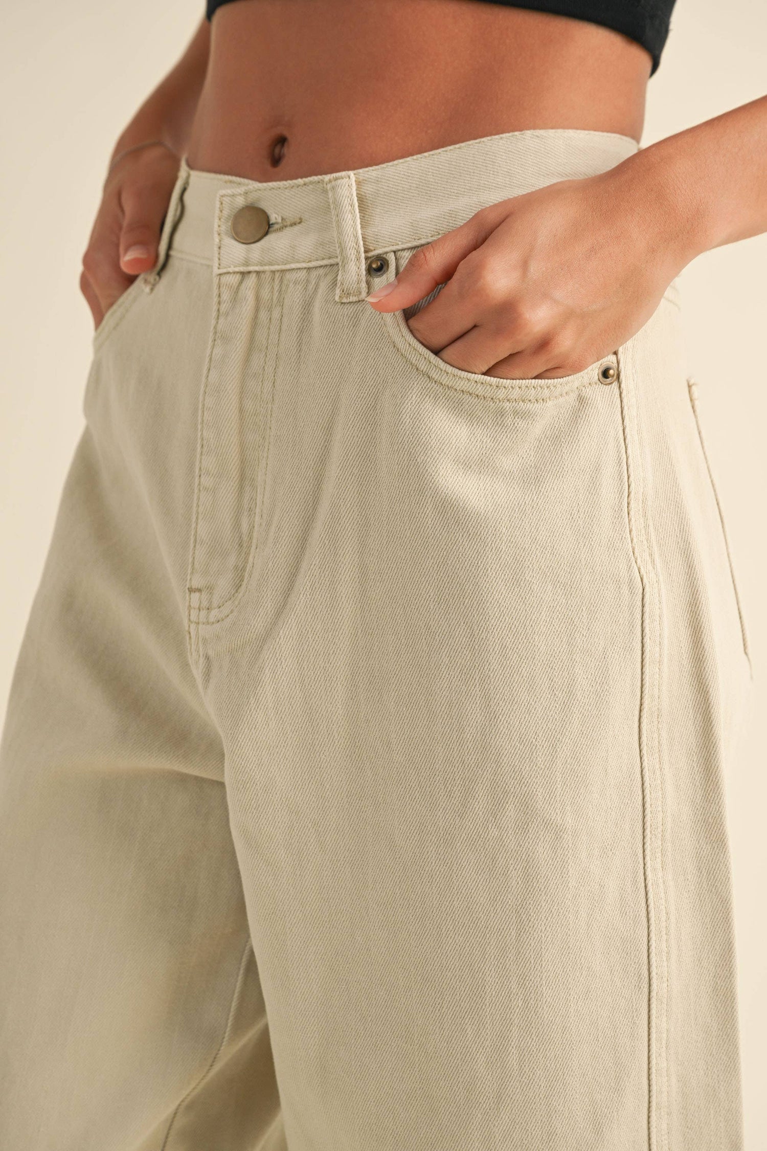Beige Washed Barrel Pants close up view of pocket detail