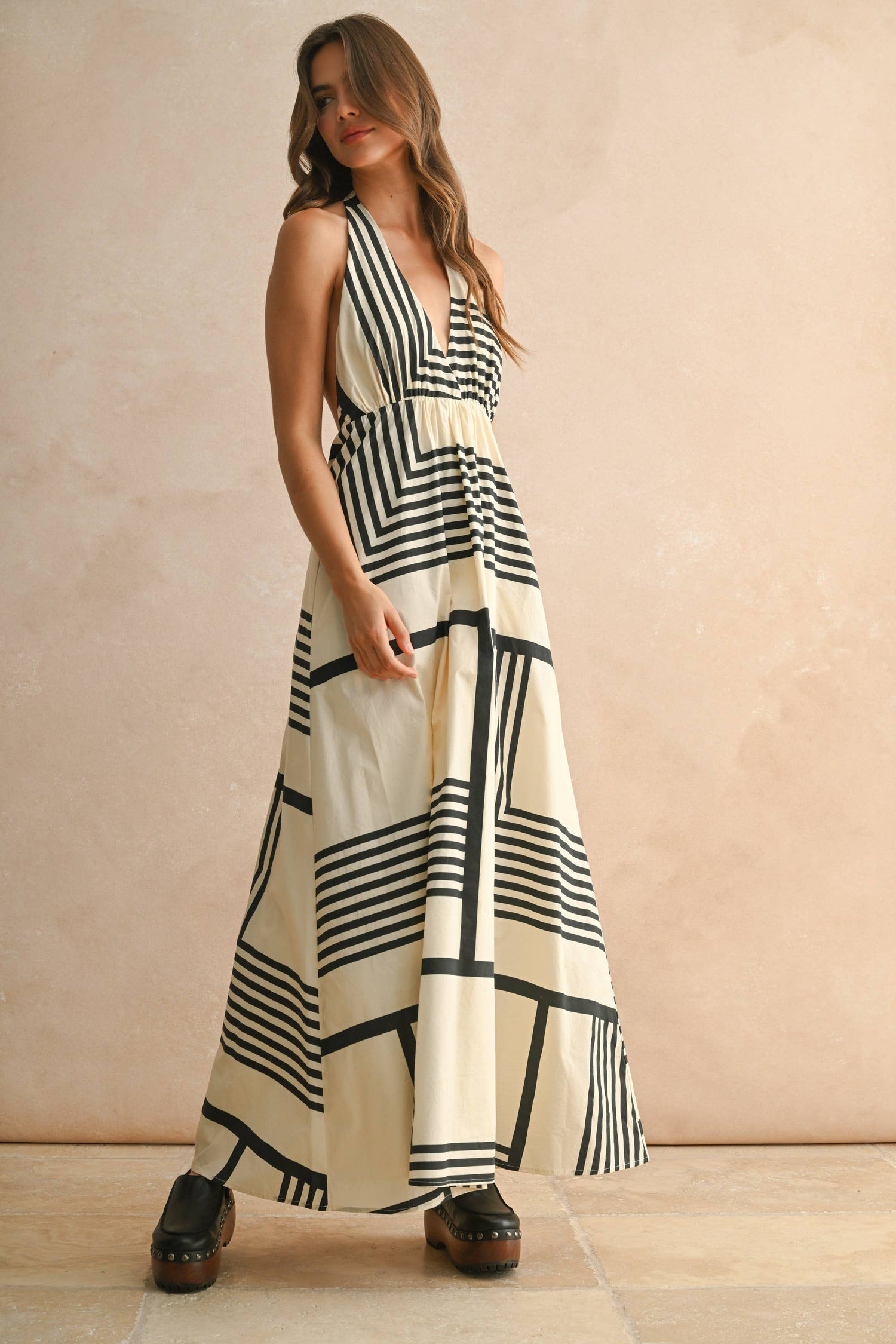 Black Geometric Print Halter Neck Dress