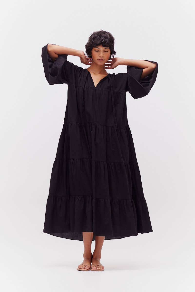 Black Plaid Midi Dress is a tiered dress with tie neckline