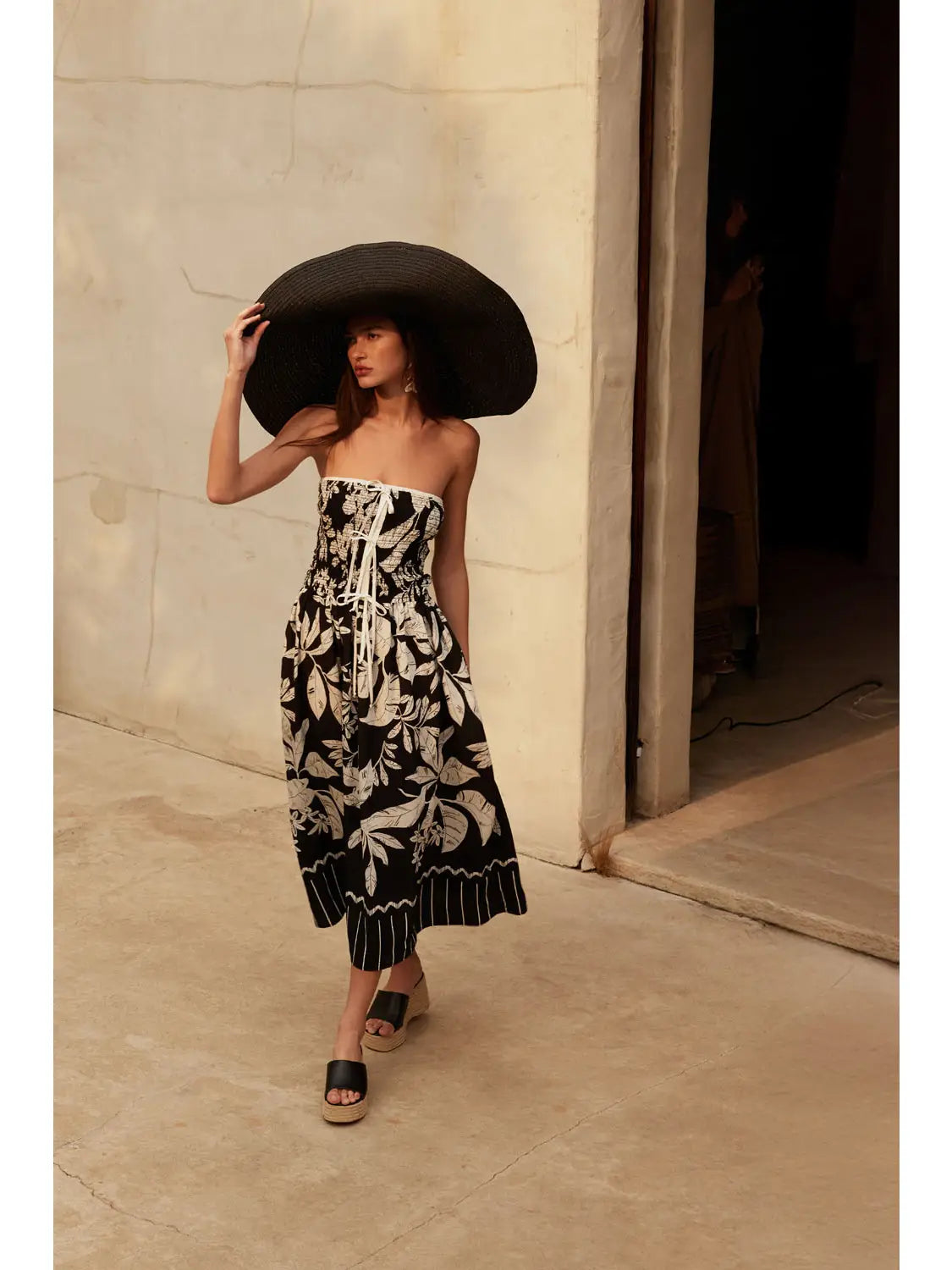 Black Strapless Tropical Fit-and-Flare Maxi Dress featuring stunning print and contrast border