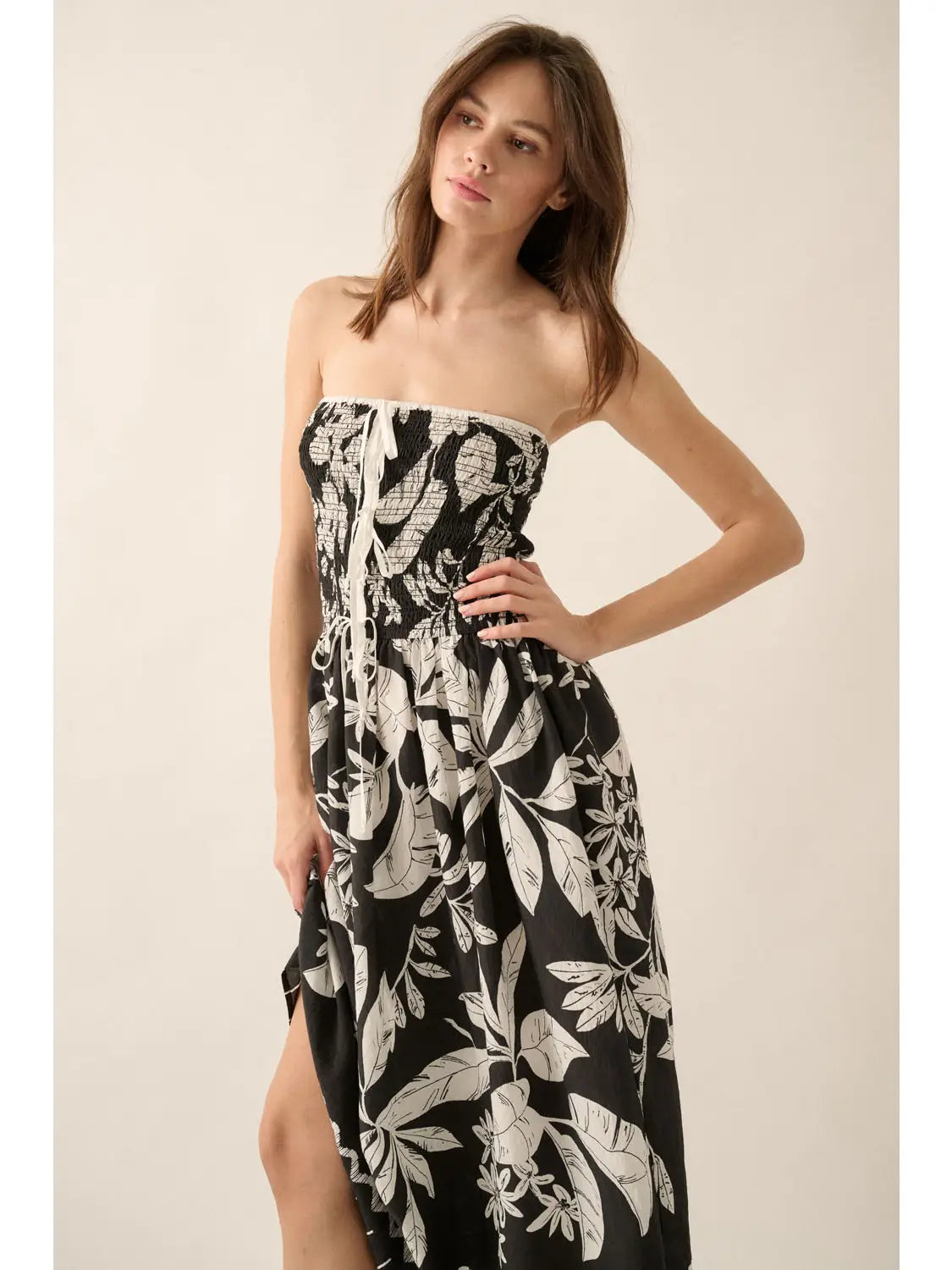 Black Strapless Tropical Fit-and-Flare Maxi Dress perfect for parties