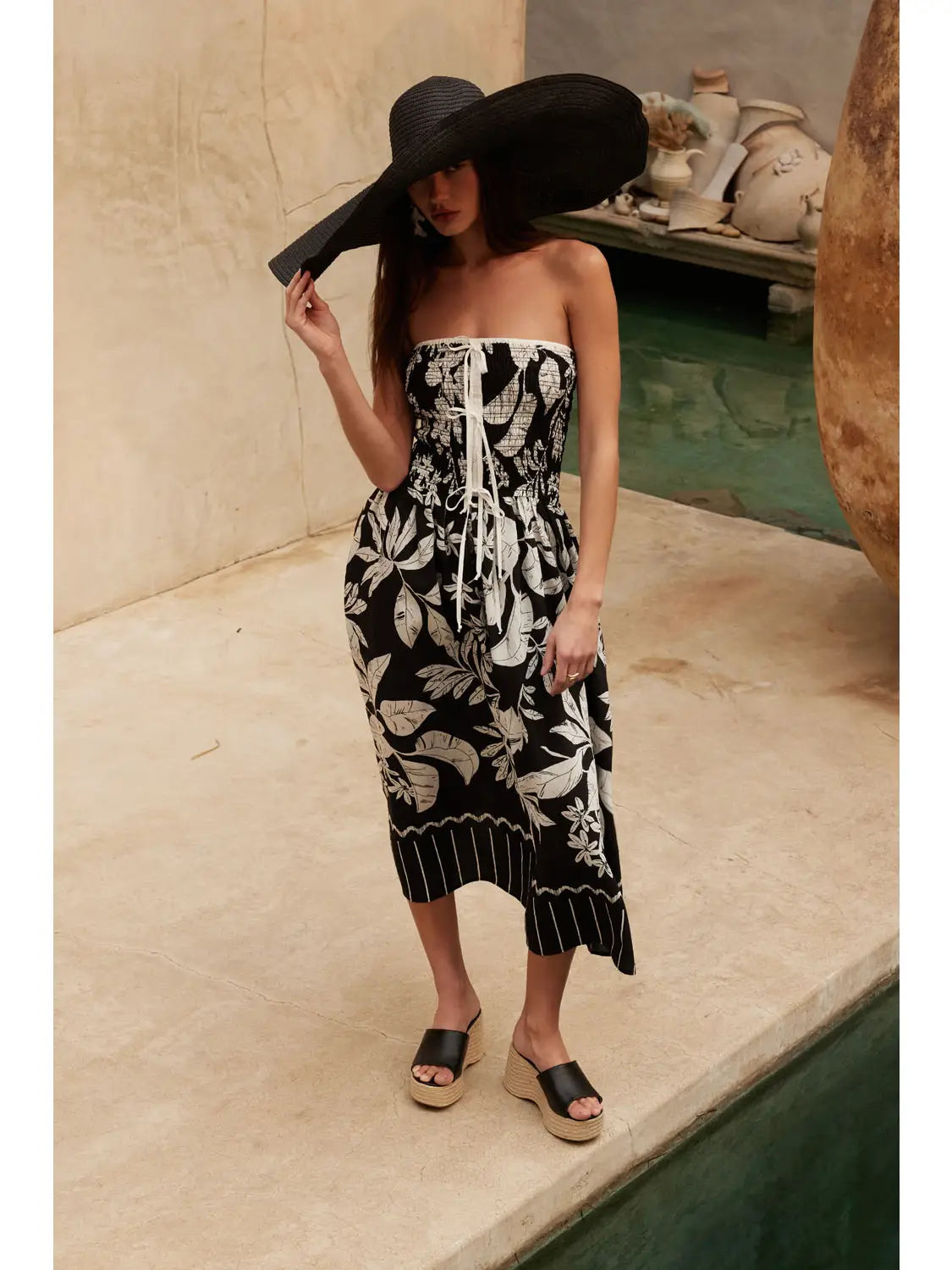 Black Strapless Tropical Fit-and-Flare Maxi Dress