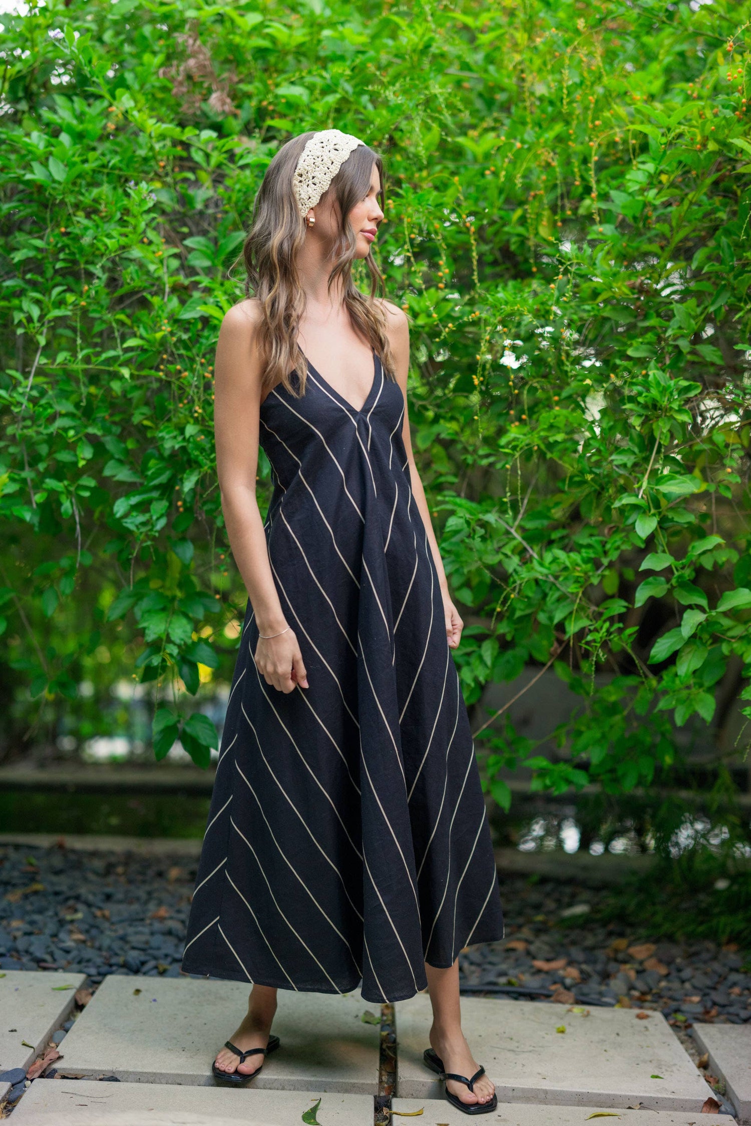 Black/Tan Striped Pattern Asymmetrical Dress