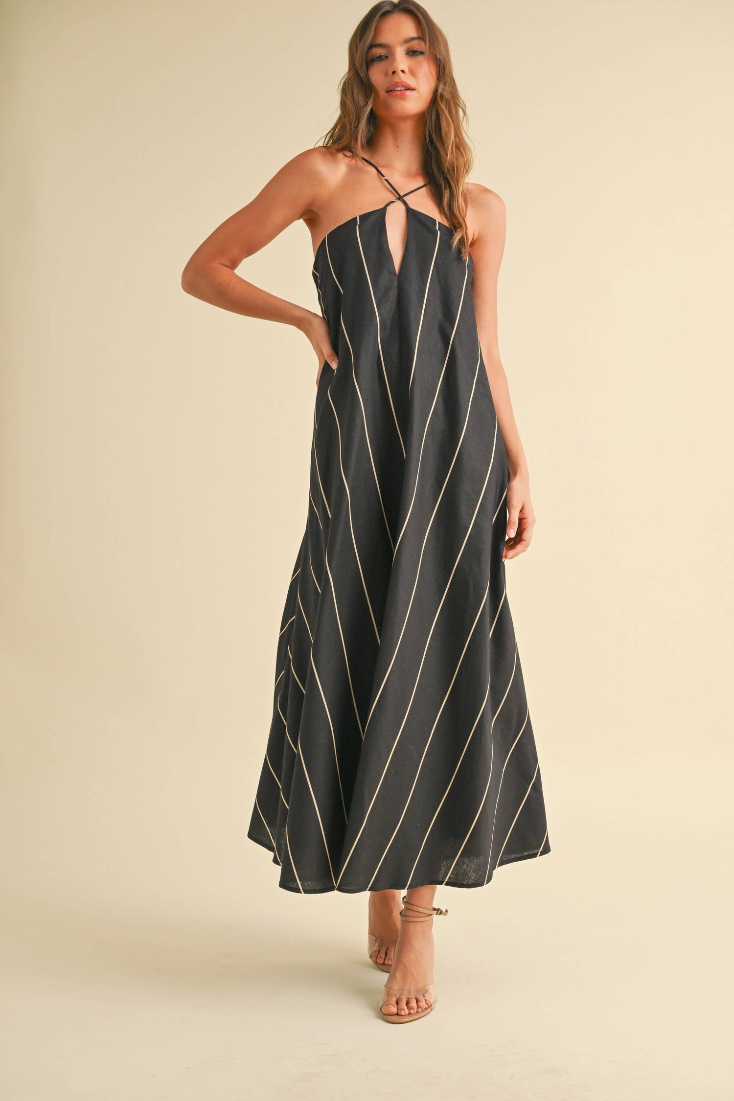 Black/Tan Striped Pattern Asymmetrical Dress Front View