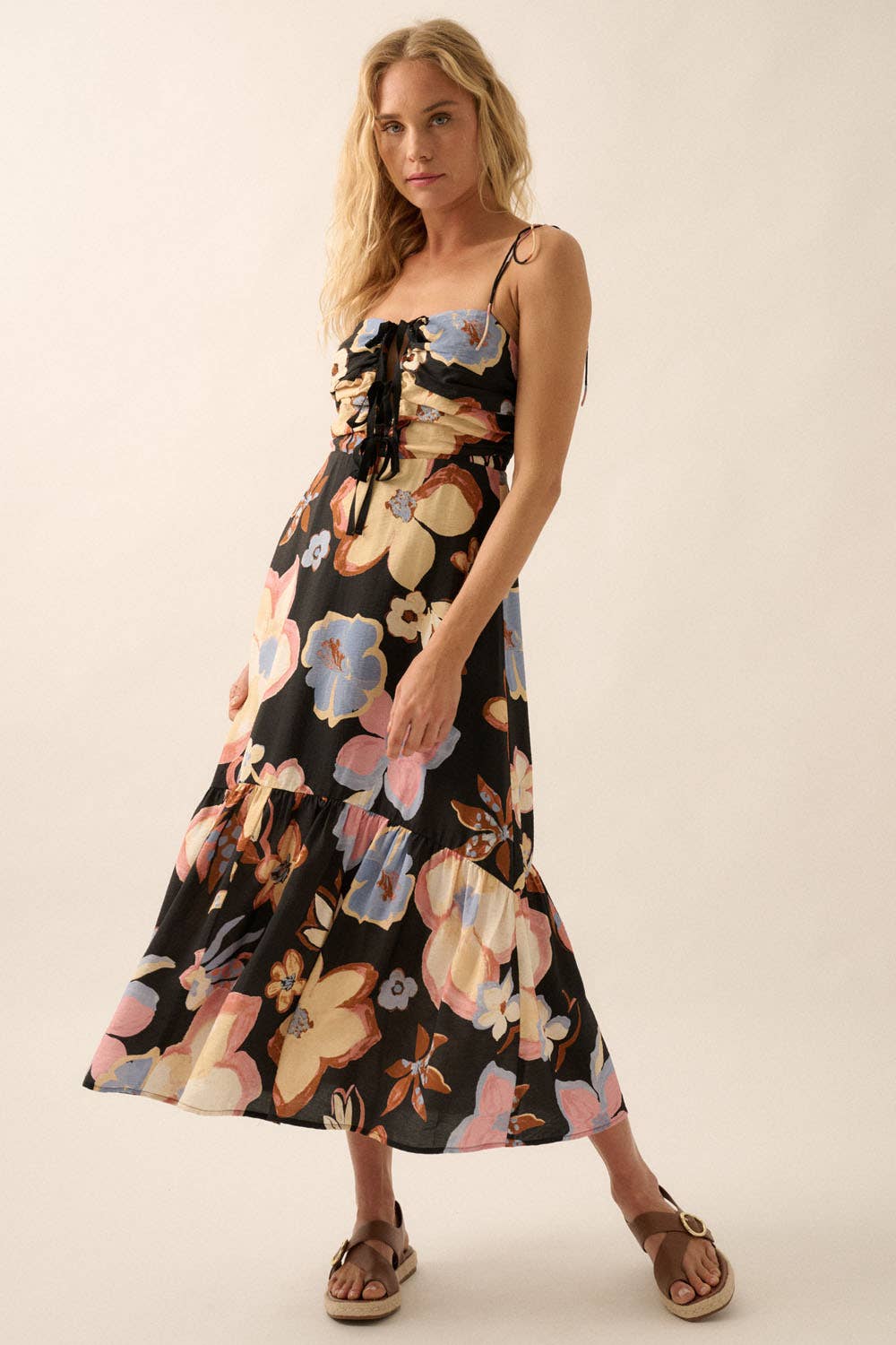 Black Textured Floral Tie-Front Midi Dress