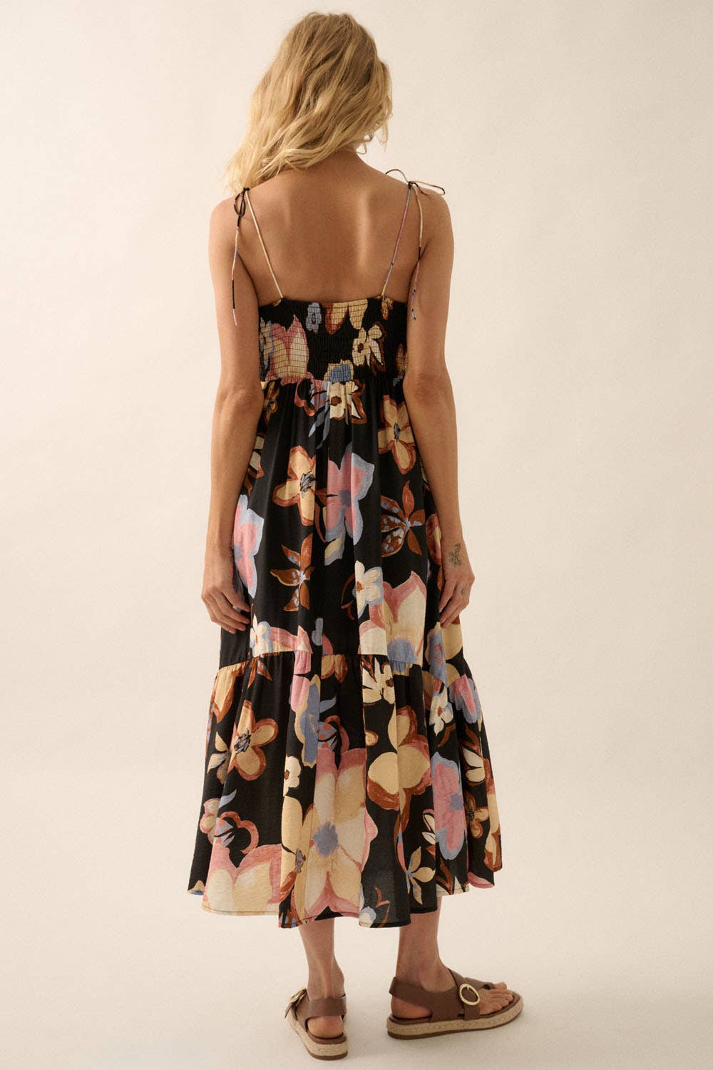 Black Textured Floral Tie-Front Midi Dress Rear View