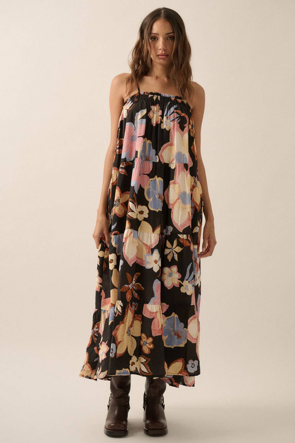 Black Textured Floral Tiered Maxi Dress