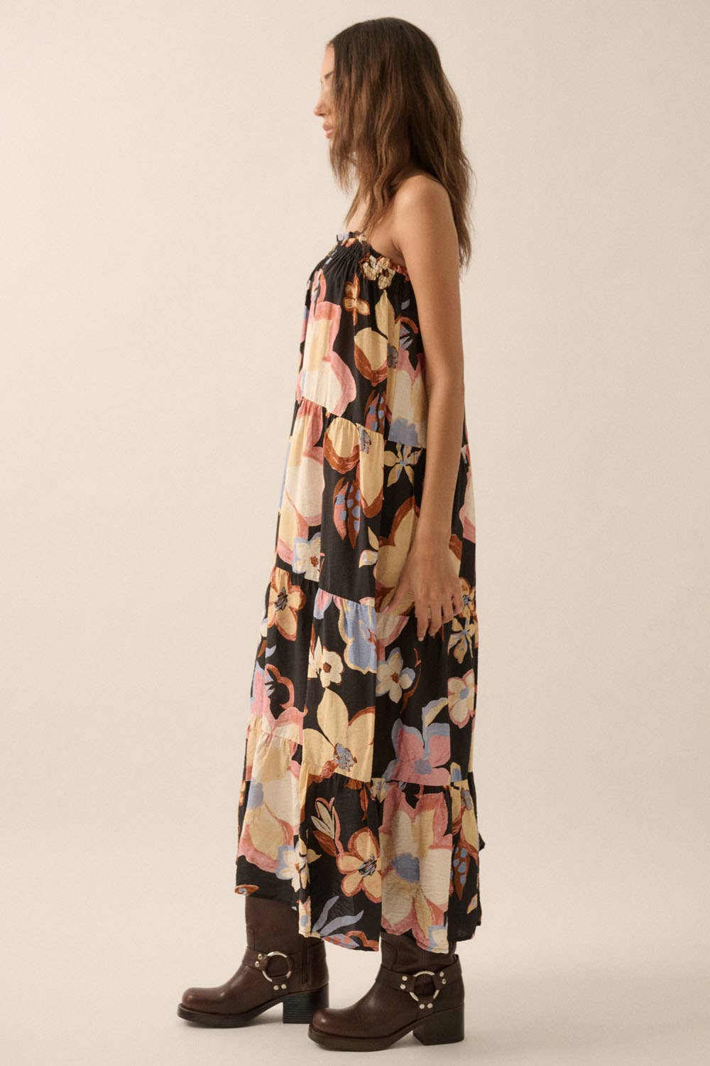 Black Textured Floral Tiered Maxi Dress Side View