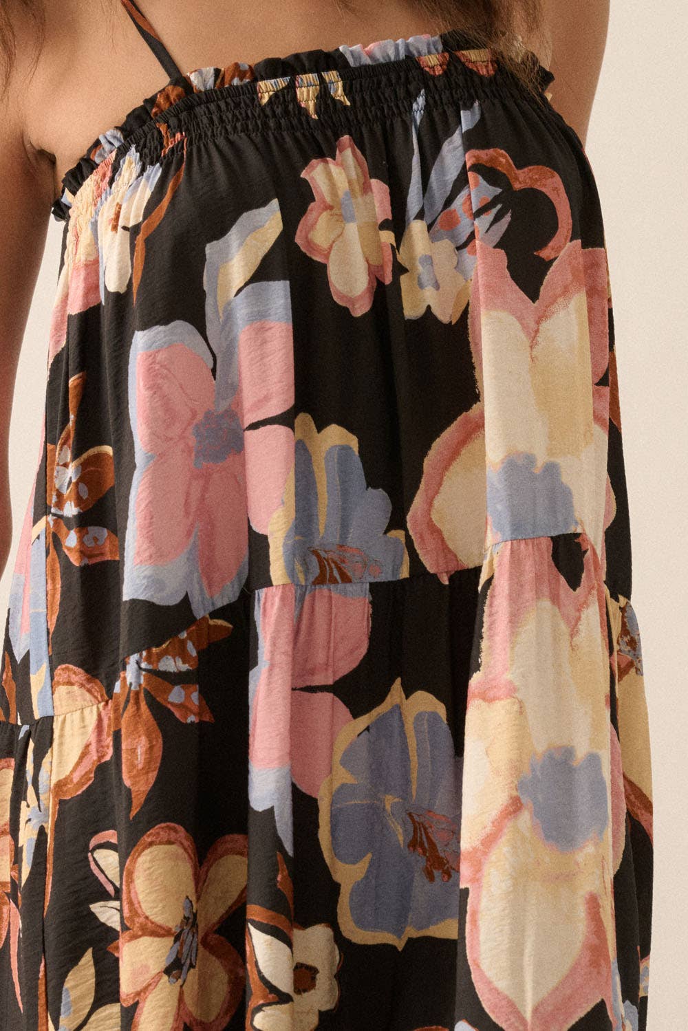 Black Textured Floral Tiered Maxi Dress showcasing shirred edge on bodice