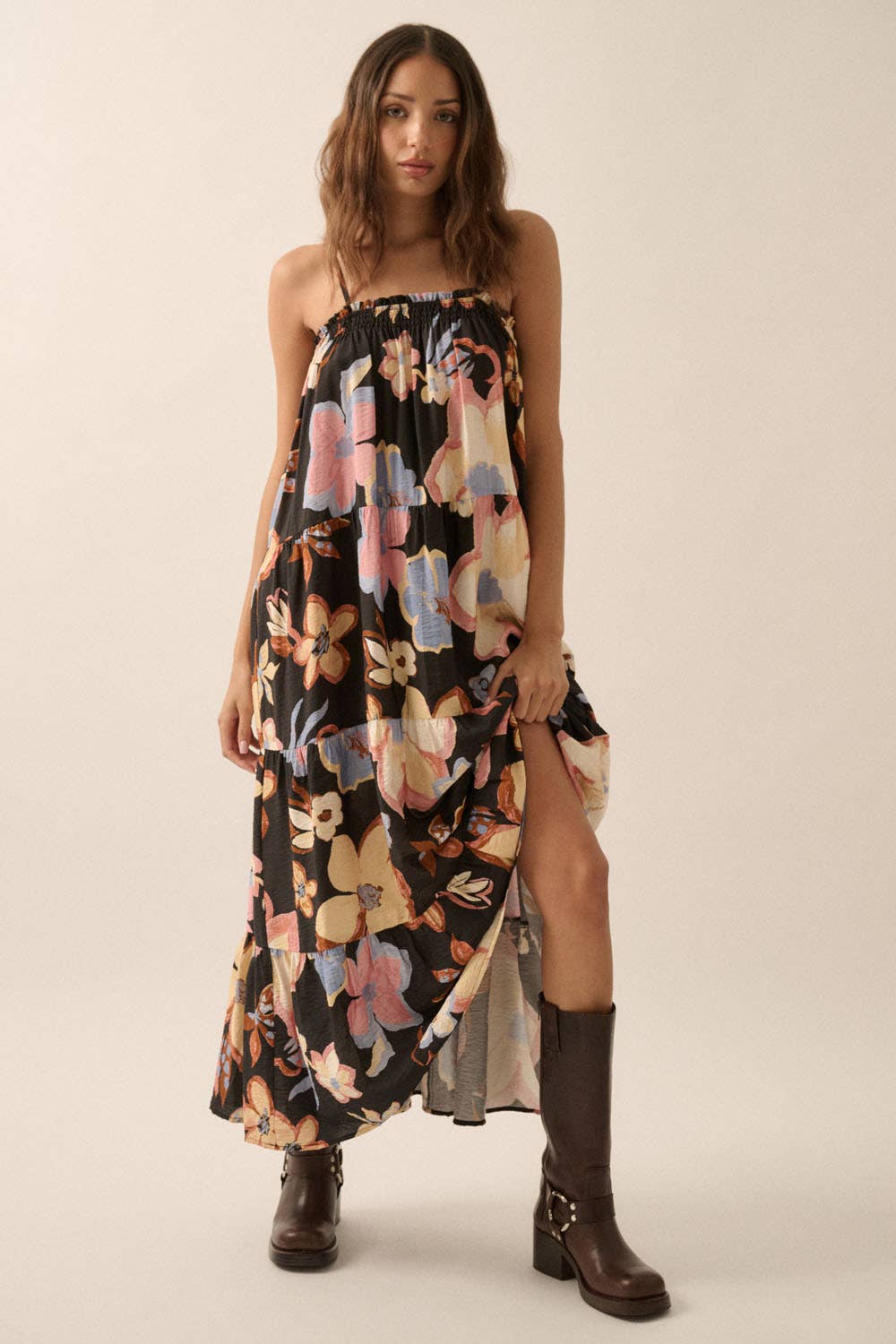 Black Textured Floral Tiered Maxi Dress Front View
