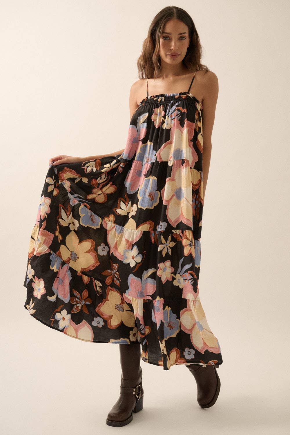 Black Textured Floral Tiered Maxi Dress showcasing flare skirt