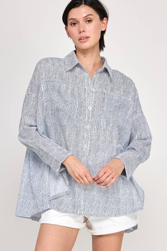 Blue/White Oversize Pocket Detail Striped Shirt featuring large pockets on chest