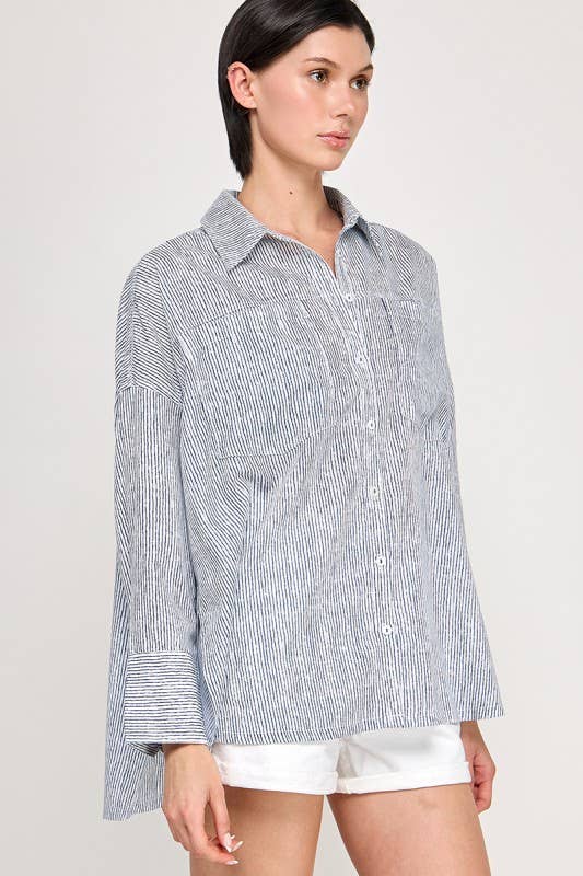 Blue/White Oversize Pocket Detail Striped Shirt featuring oversize style