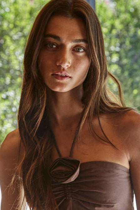 Chocolate Flare Maxi Dress close up view of bodice