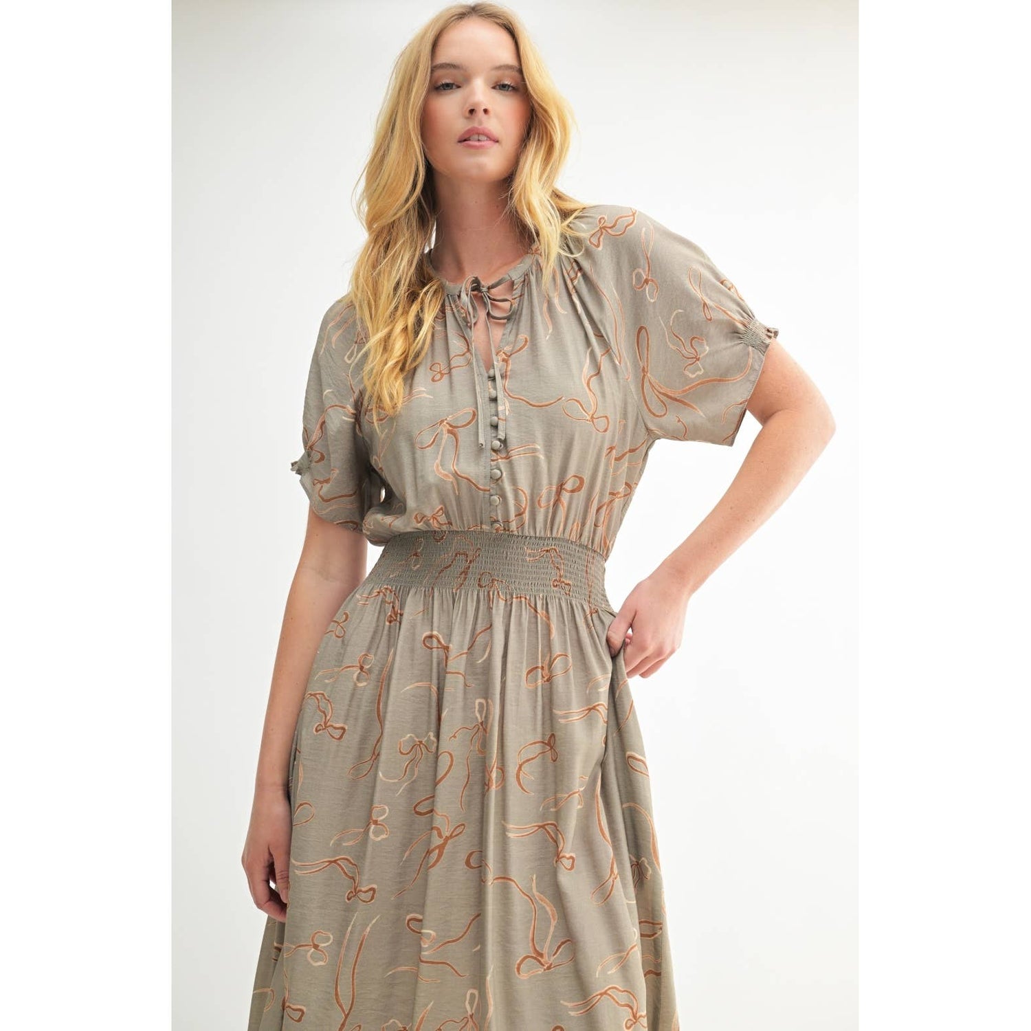 Close-up of the button-front detailing and fabric texture on the Isolde Midi Dress.