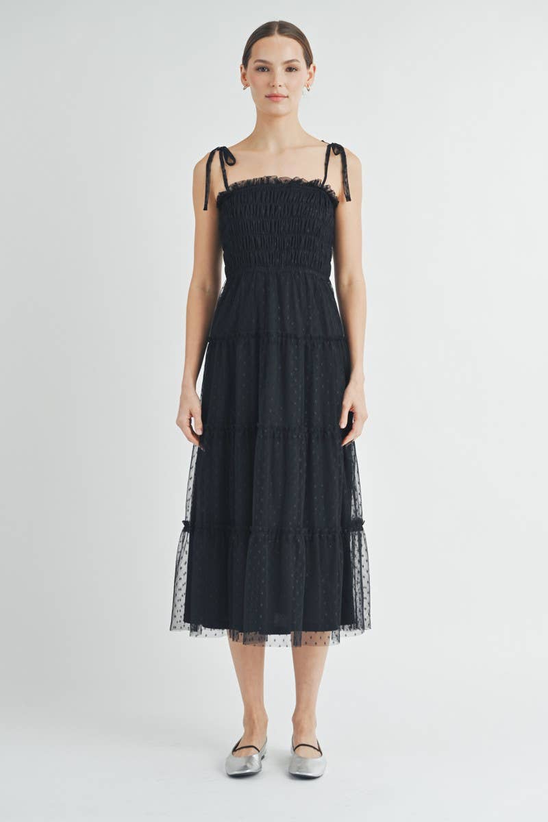 Clovette Midi Dress Front view of Clovette Midi Dress in black mesh with smocked bodice and ruffle-tiered skirt