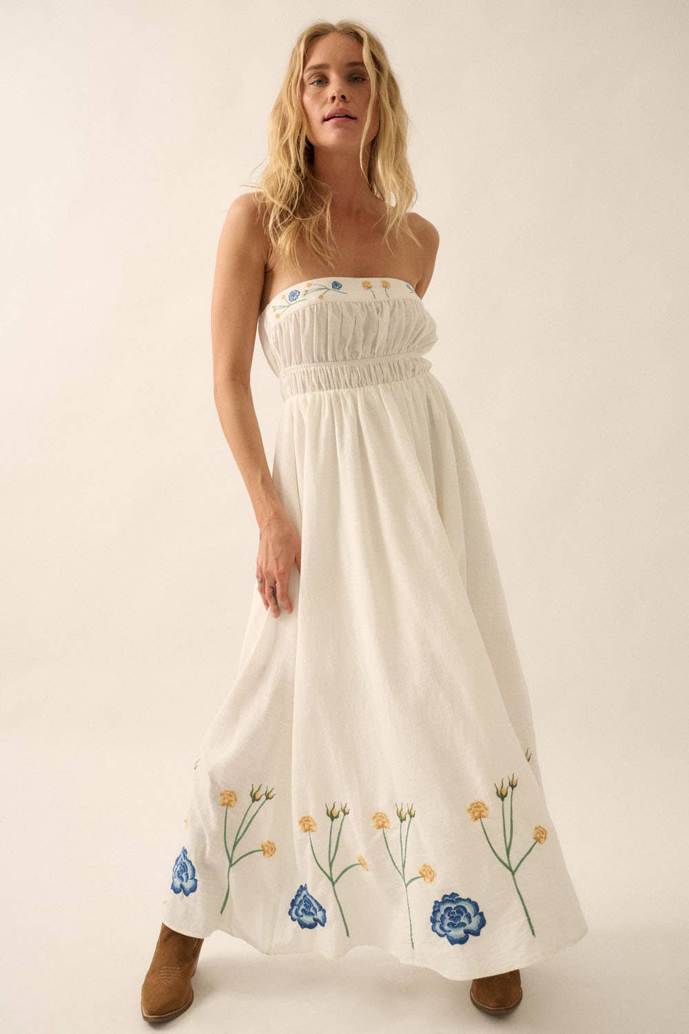 Cream Floral Embroidered Gathered Strapless Maxi Dress Front View