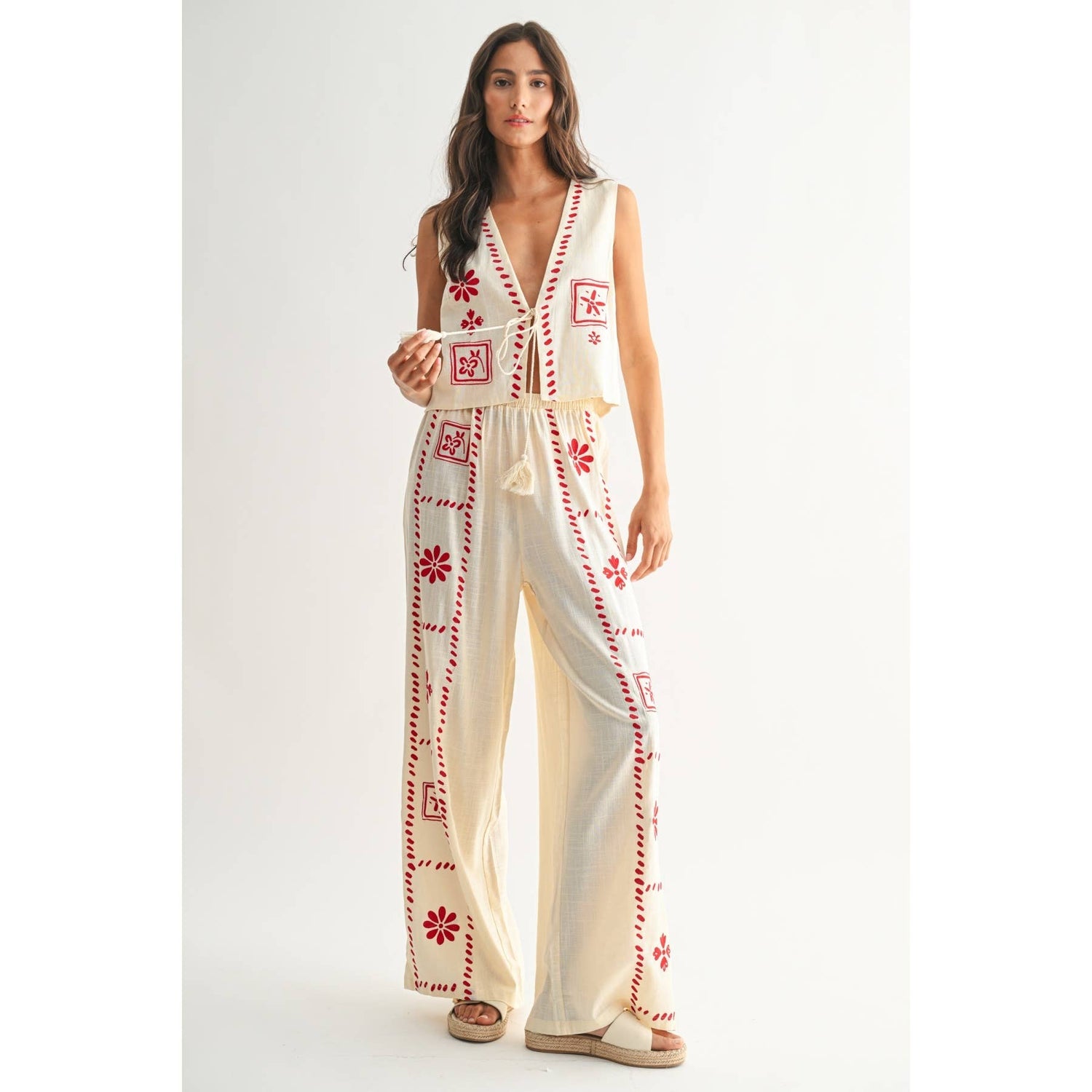 Cream/Red Embroidered Two-Piece Set