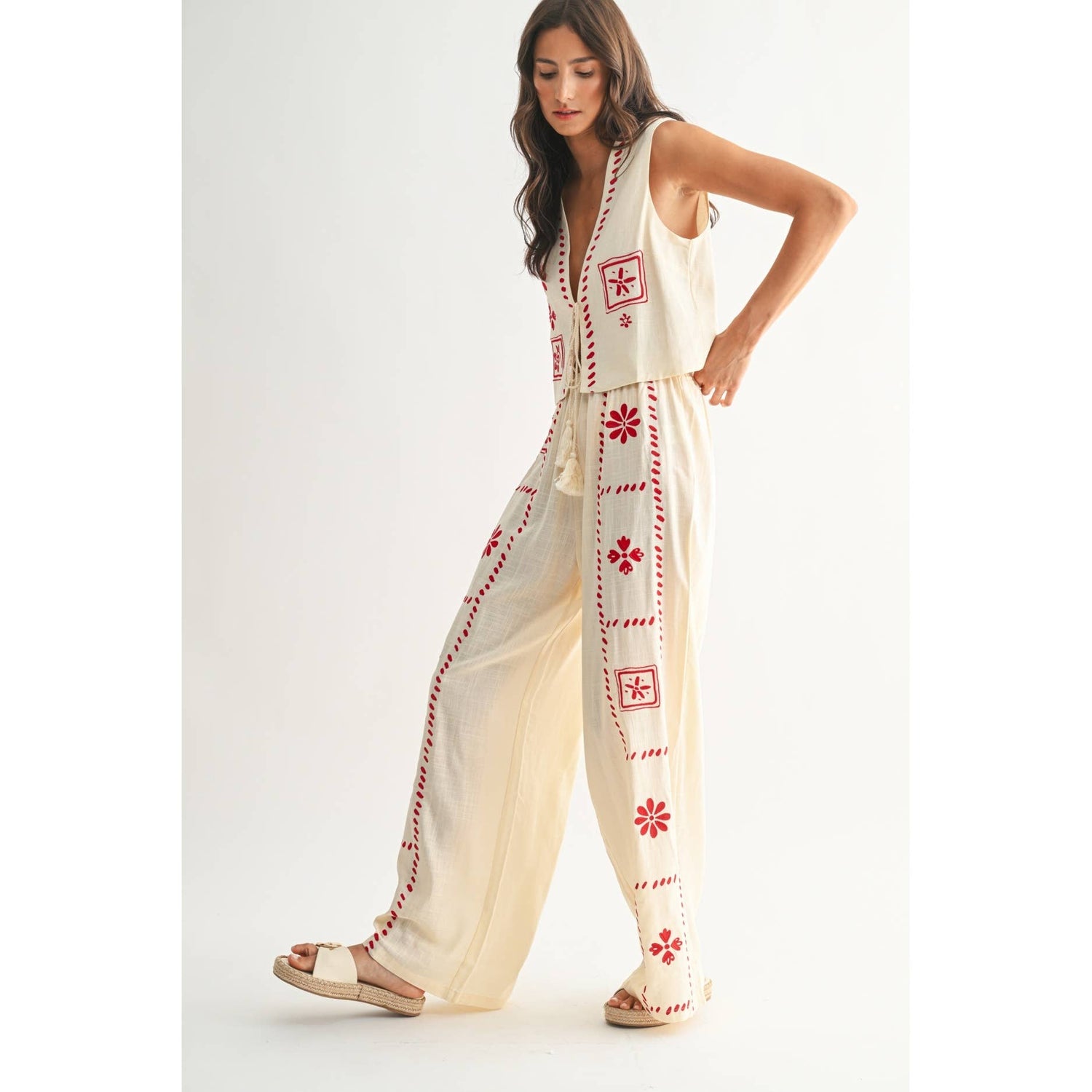 Cream/Red Embroidered Two-Piece Vest and Pant Set