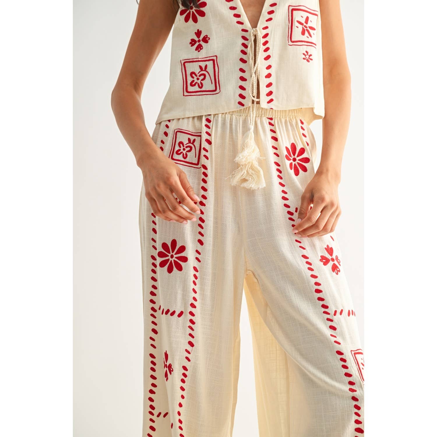 Cream/Red Embroidered Two-Piece Vest and Pant set with tie closure