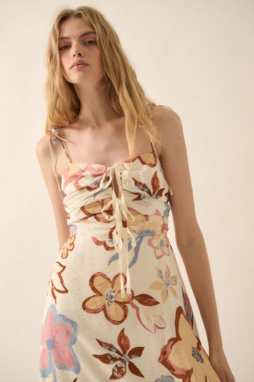 Cream Textured Floral Tie-Front Midi Dress showcasing bodice and floral pattern