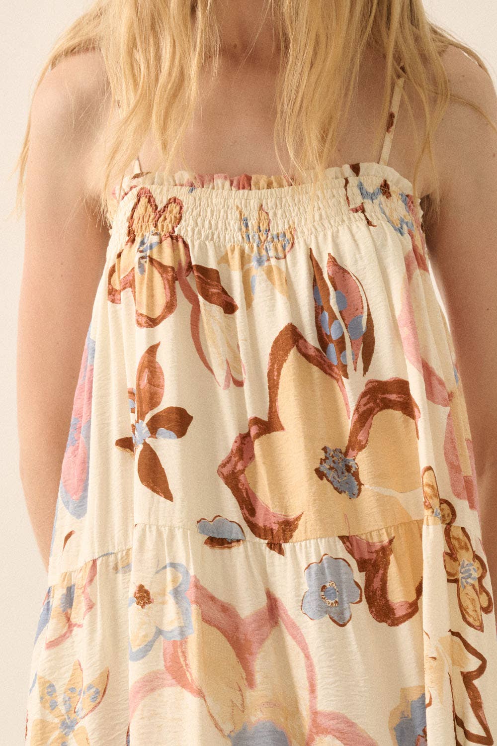 Cream Textured Floral Tiered Maxi Dress close up view of bodice