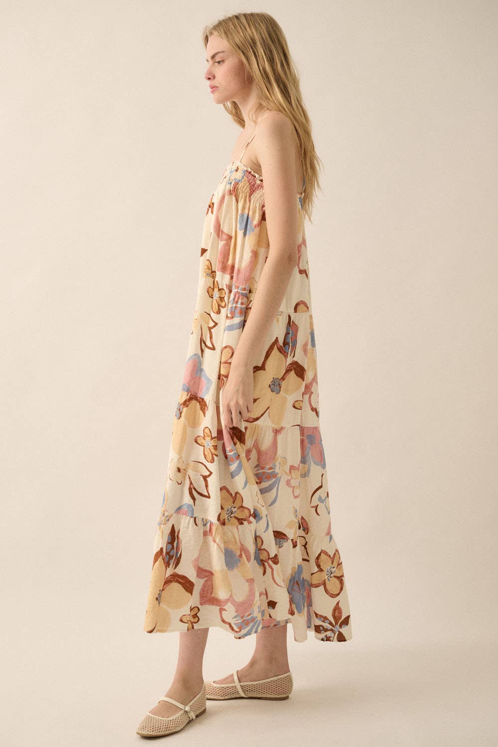 Cream Textured Floral Tiered Maxi Dress Side View