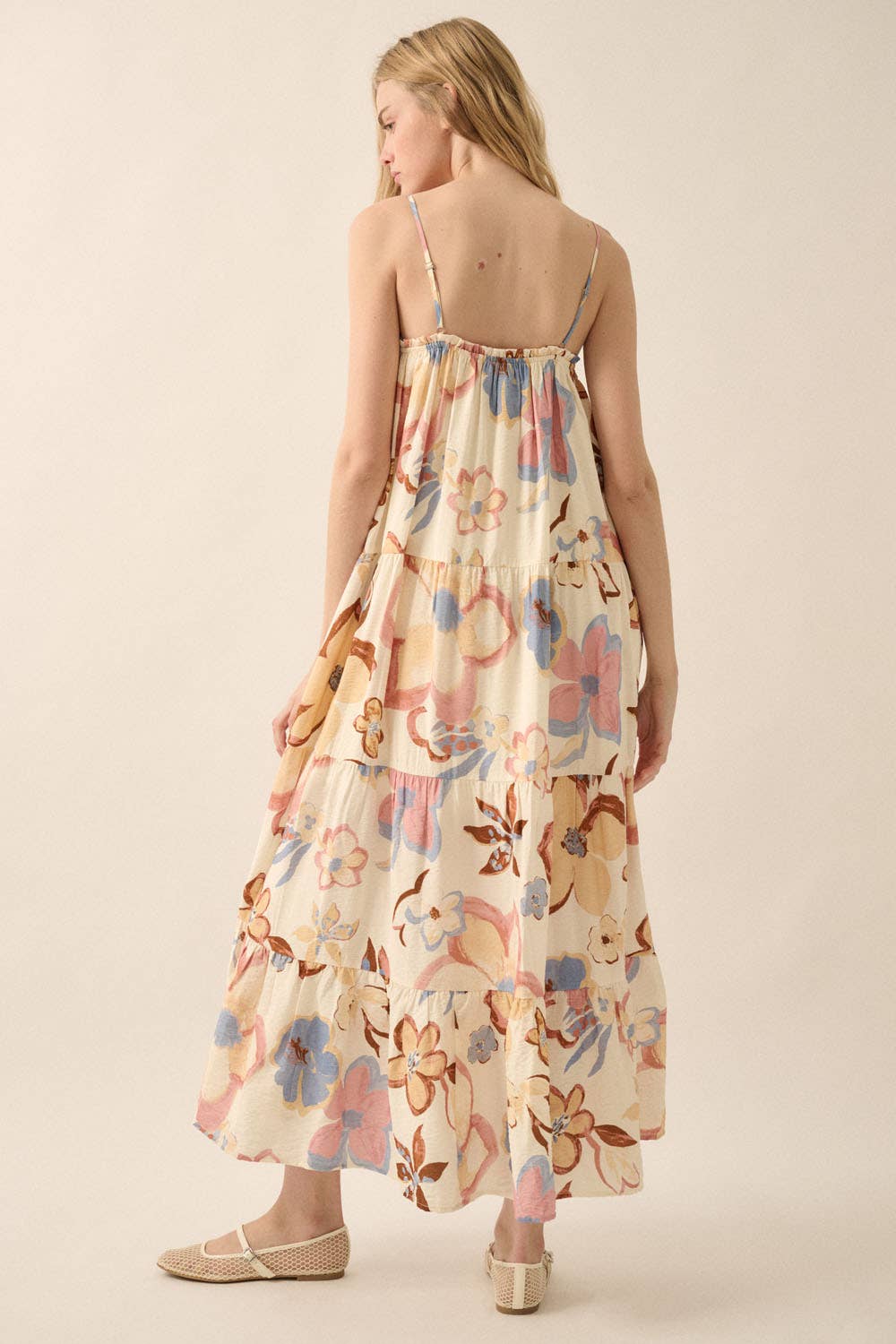 Cream Textured Floral Tiered Maxi Dress Rear View