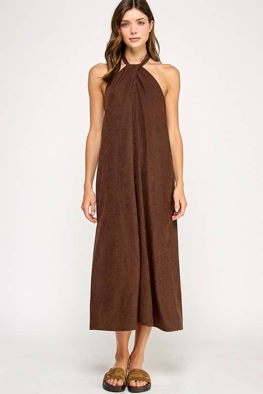 Dark Brown Knot Halter Midi Dress