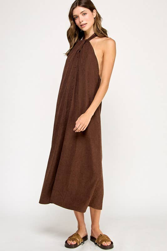 Dark Brown Knot Halter Midi Dress showcasing low cut side
