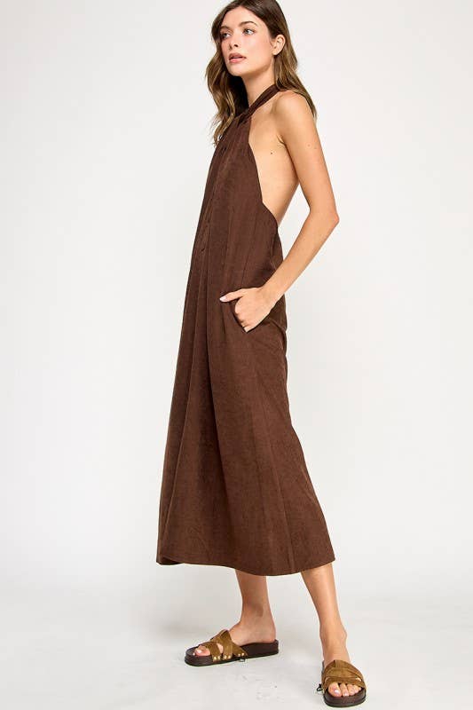 Dark Brown Knot Halter Midi Dress Side View