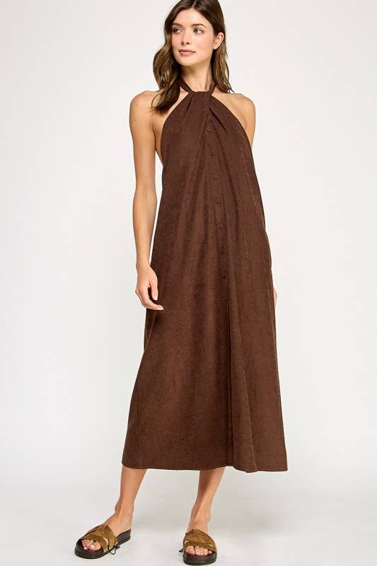 Dark Brown Knot Halter Midi Dress Front View