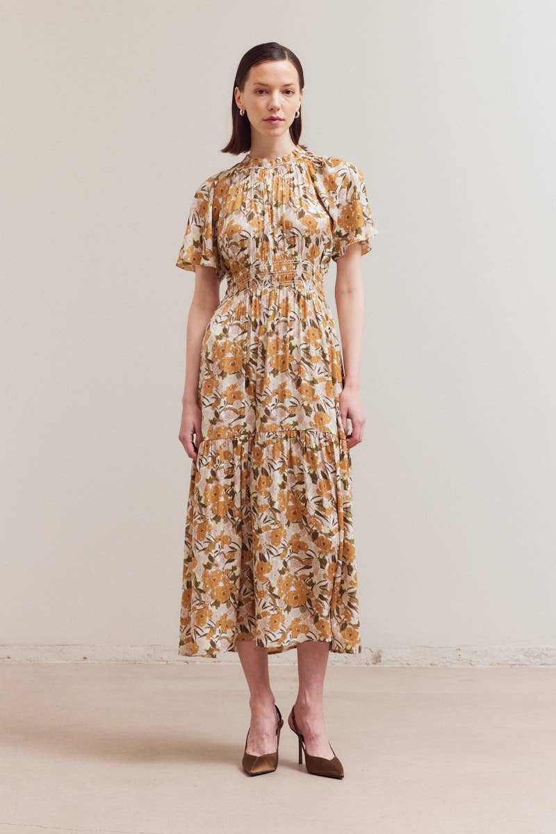 Daydream Raglan Sleeve Tier Midi Dress featuring floral pattern in earthy tones
