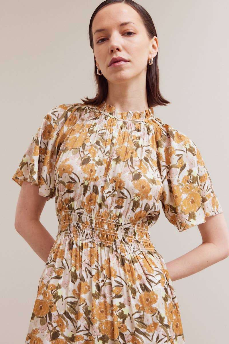 Daydream Raglan Sleeve Tier Midi Dress showcasing gathered bodice and high neckline