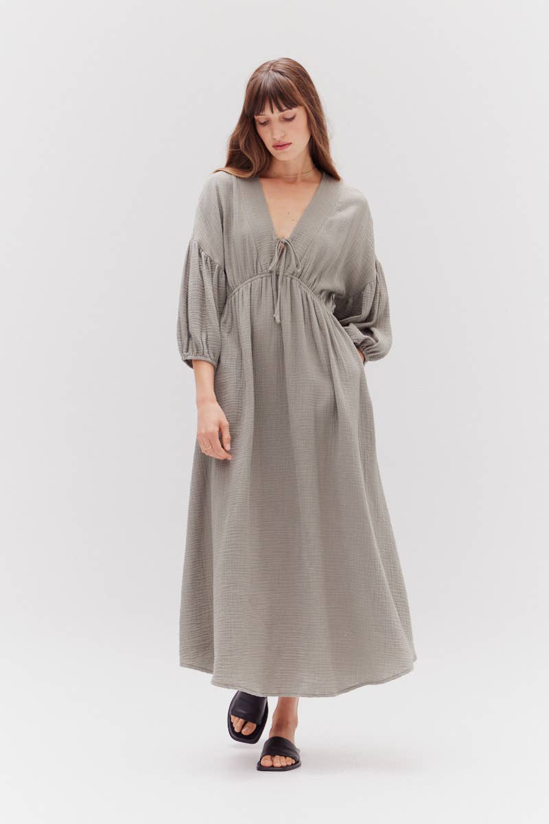 Dry Sage Gauze Midi Dress featuring flared style