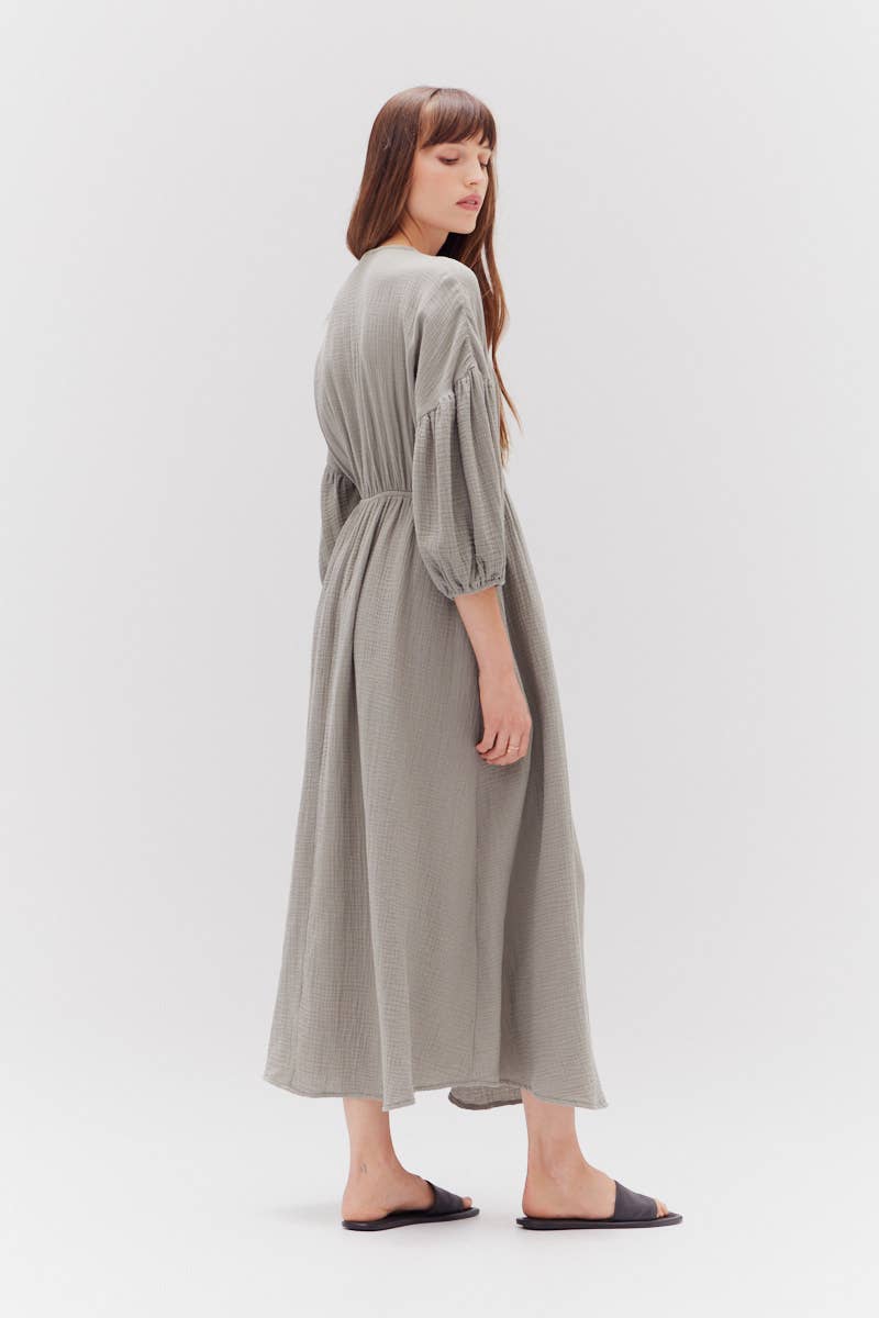 Dry Sage Gauze Midi Dress showcasing fitted waist and 3/4 sleeves