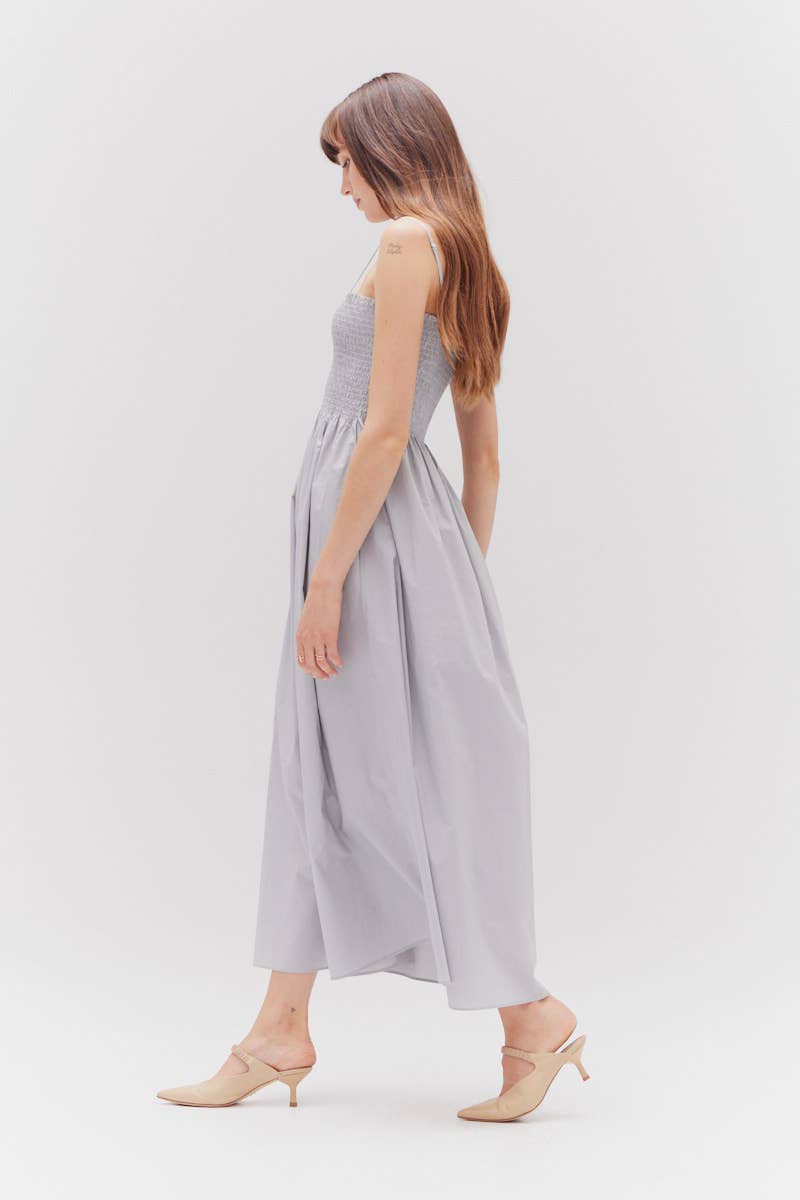 Dusty Blue Smocked Top Maxi Dress Side View