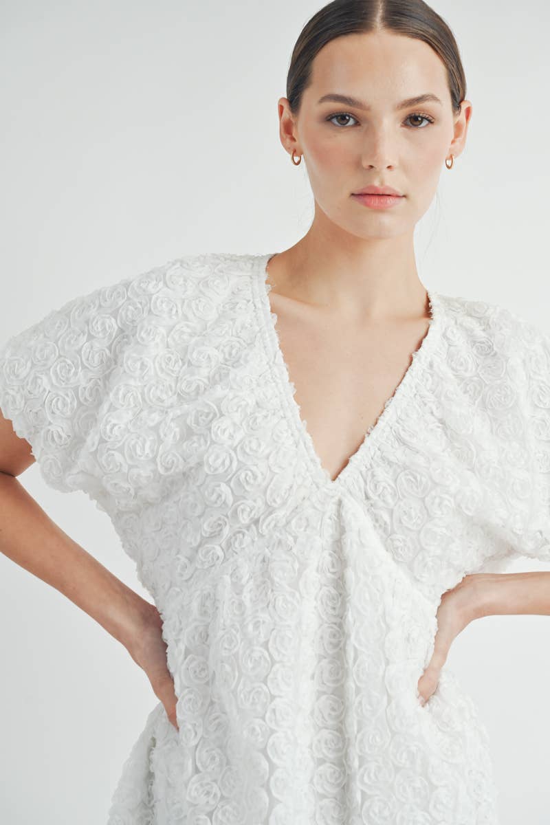 Close-up of 3D chiffon floral appliqué showing delicate texture