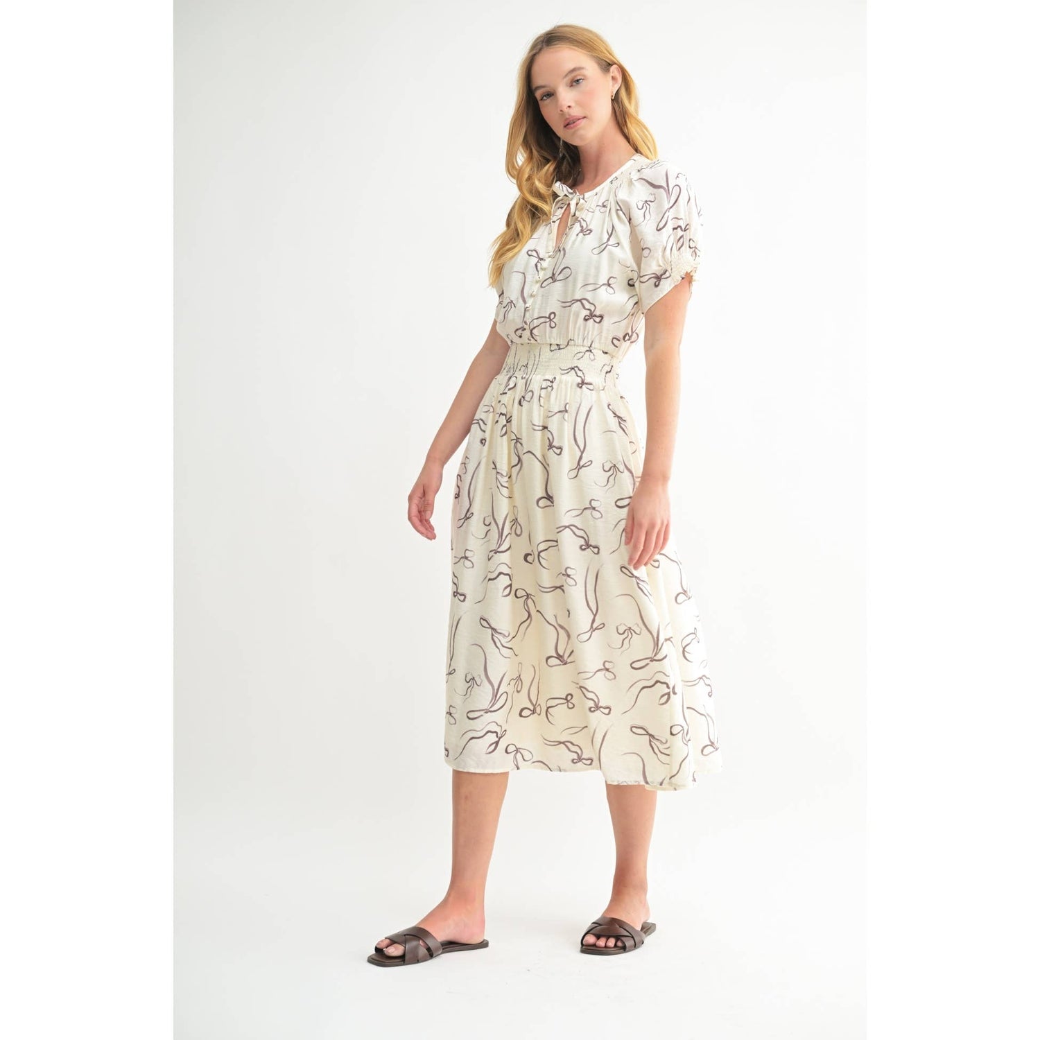 Ivory Bow Print Button Front Midi Dress