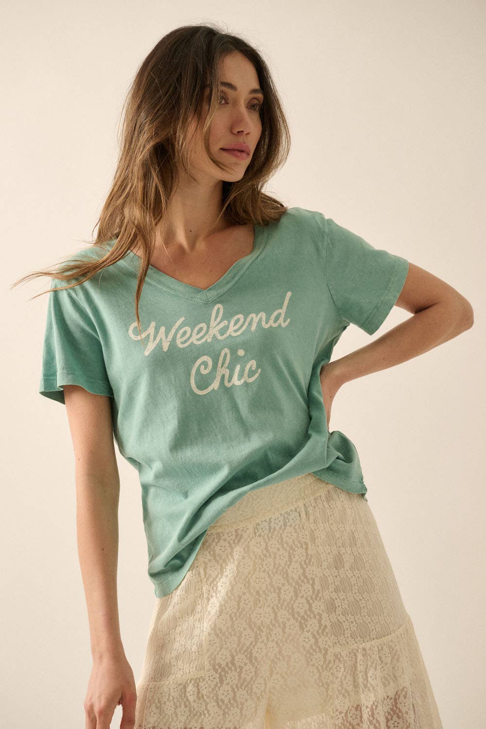 Jade Weekend Chic V-Neck Vintage-Wash Graphic Tee