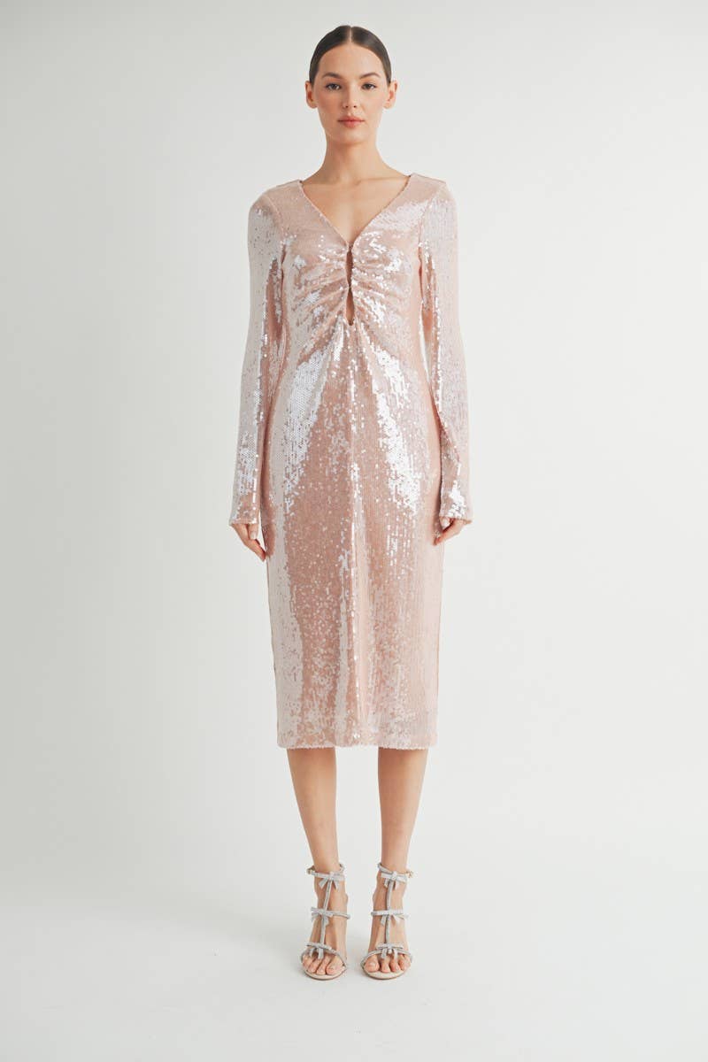 Liora Midi Dress Front view of Liora Midi Dress in pink sequins with bodycon fit