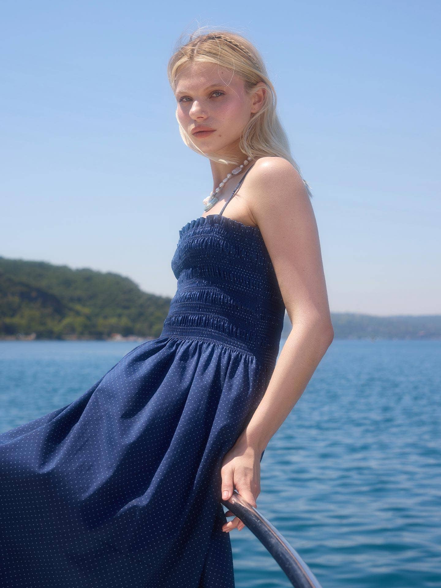 Maya Polka Dot Maxi showcasing shirred bodice