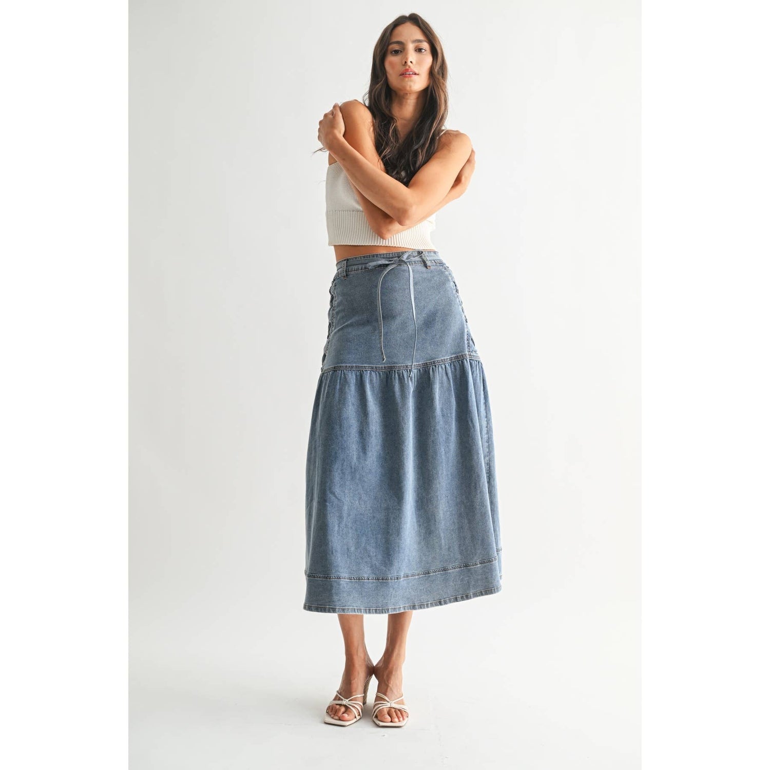 Medium Wash Denim Midi Skirt with Lace-Up Detail