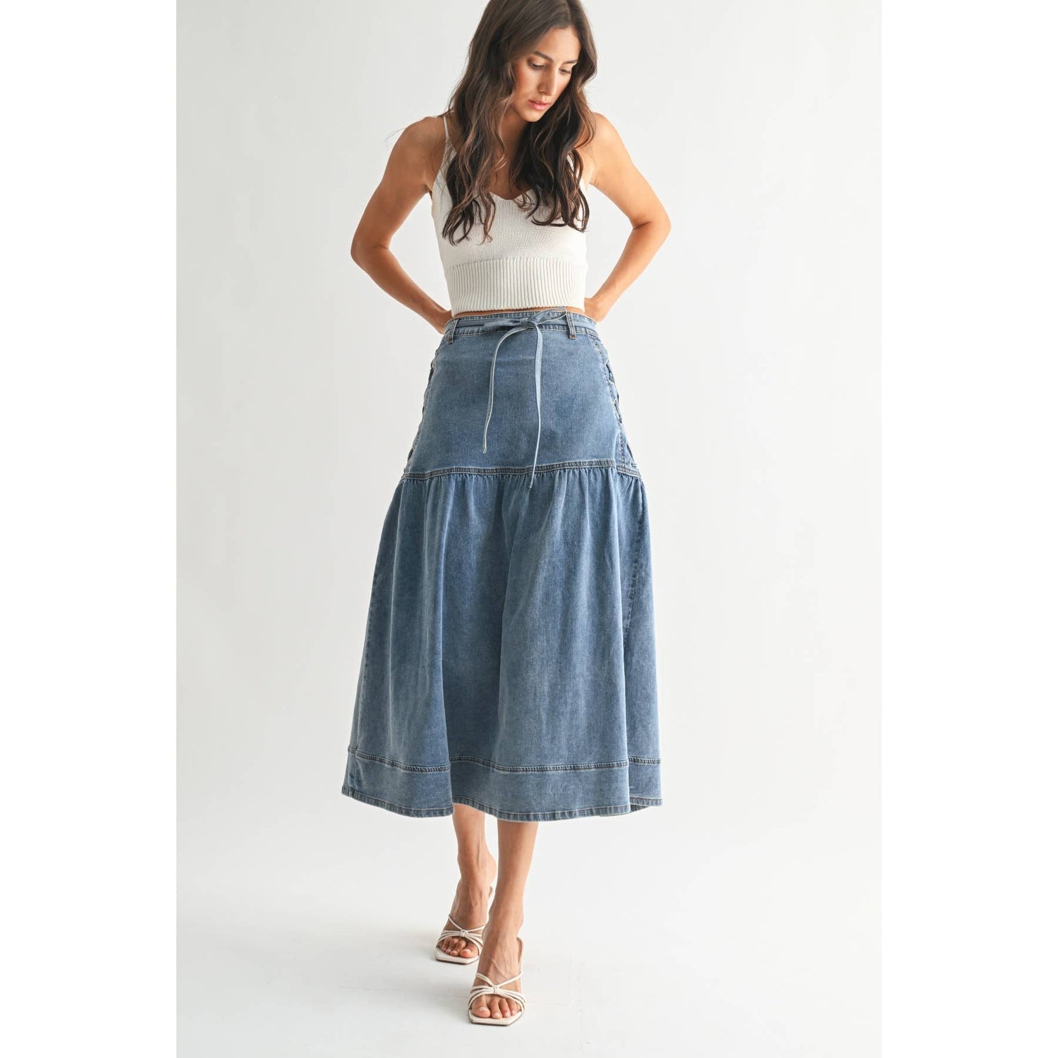 Medium Wash Denim Midi Skirt with Lace-Up Detail Front View