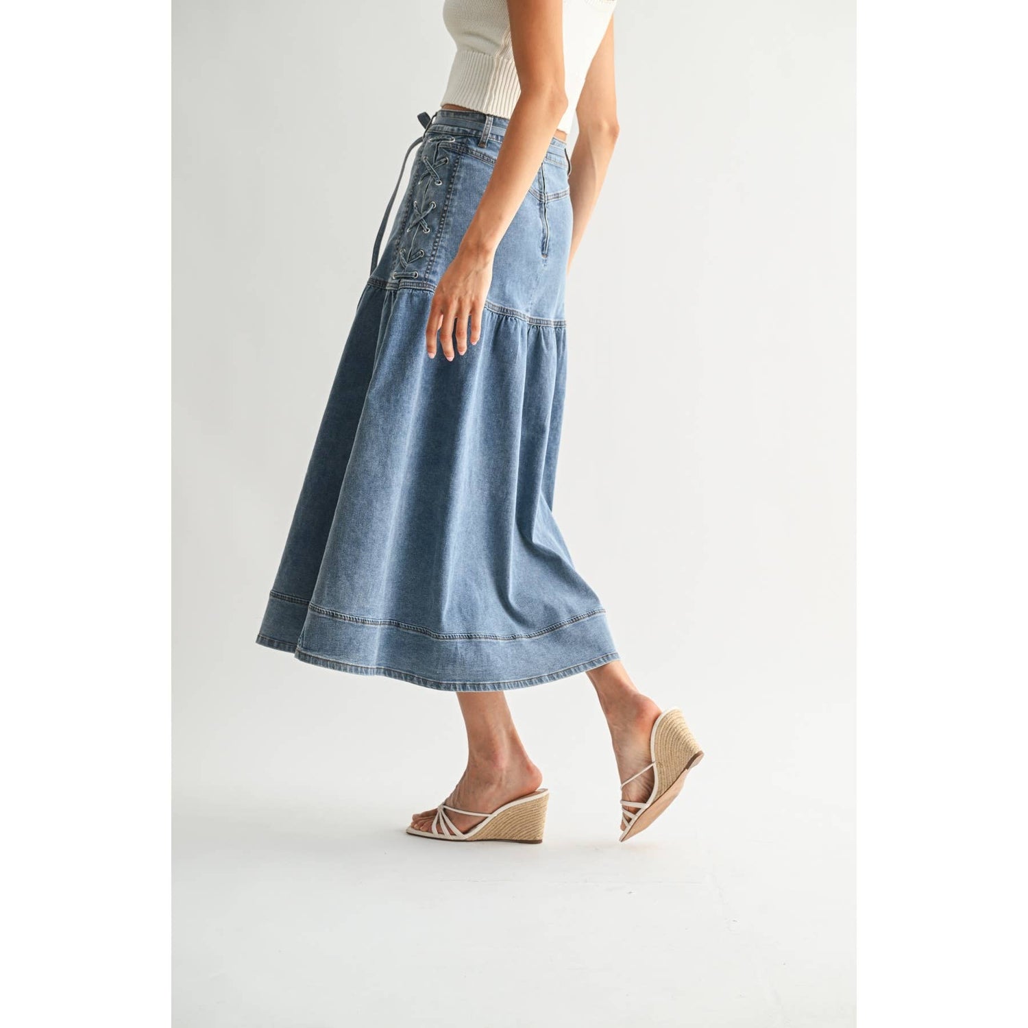 Medium Wash Denim Midi Skirt with Lace-Up Detail Rear View