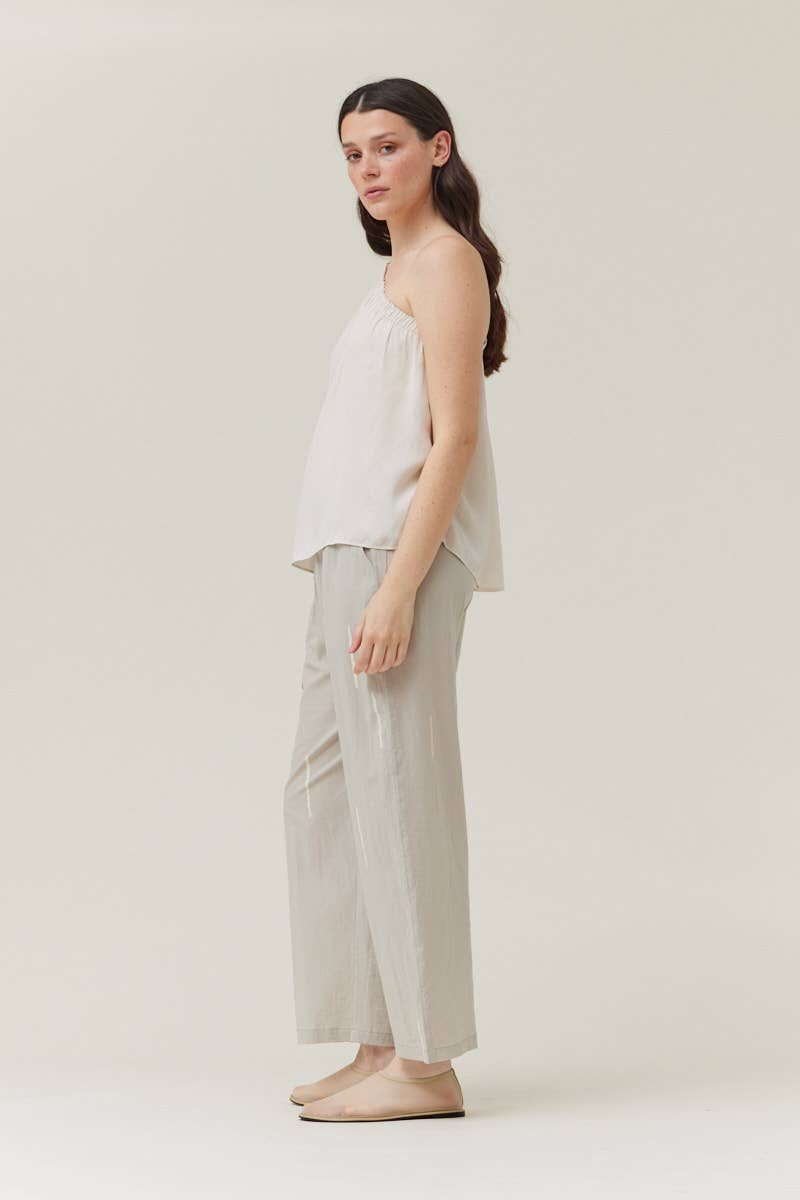 Milk One-Shoulder Satin Top Side View off shoulder