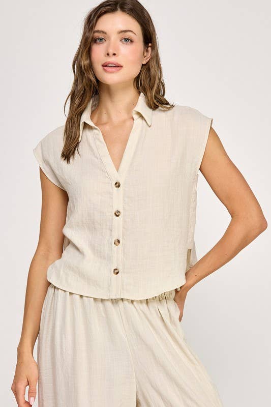 Natural Button-down Cap Sleeve Shirt