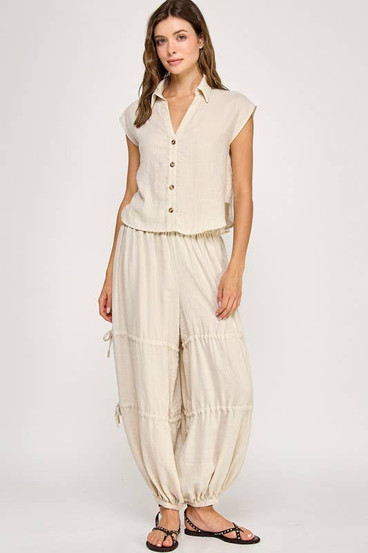 Natural Button-down Cap Sleeve Collared Shirt