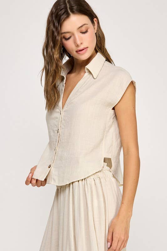 Natural Button-down Cap Sleeve Shirt Side View
