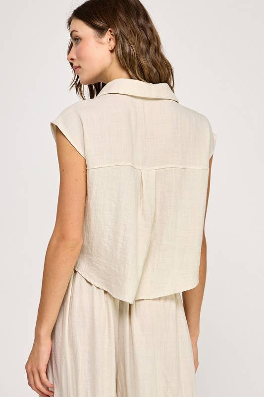 Natural Button-down Cap Sleeve Shirt Rear View